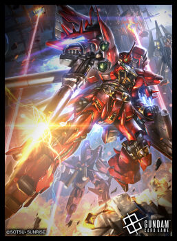 beam_rifle black_border border character_request check_character commentary_request company_name copyright_name copyright_notice debris efreet_schneid energy_gun exhaust explosion firing flying foreshortening glowing glowing_eye green_eyes gun gundam gundam_unicorn highres holding holding_gun holding_weapon horns mecha mecha_focus mobile_suit motion_blur no_humans official_art one-eyed raruru rezel_type-c rezel_type-c_(defenser_b-unit) robot science_fiction sinanju single_horn solo_focus space sparks spikes sunrise_(company) thrusters weapon