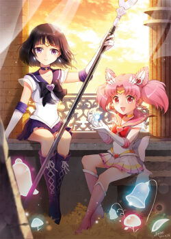 1990s_(style) 2girls bishoujo_senshi_sailor_moon bishoujo_senshi_sailor_moon_s bishoujo_senshi_sailor_moon_stars bishoujo_senshi_sailor_moon_supers black_bow black_hair boots bow brooch chibi_usa child choker cone_hair_bun cross-laced_footwear double_bun earrings elbow_gloves full_body gilse glaive_(polearm) gloves hair_bun hair_ornament hairpin heart heart_brooch holding holding_polearm holding_spear holding_weapon jewelry knee_boots magical_girl microskirt multicolored_skirt multiple_girls pink_boots pink_hair pleated_skirt polearm purple_eyes purple_footwear purple_skirt red_eyes retro_artstyle ribbon sailor_chibi_moon sailor_saturn sailor_senshi short_hair silence_glaive sitting skirt smile spear star_(symbol) striped_clothes striped_skirt super_sailor_chibi_moon super_sailor_saturn tiara tomoe_hotaru twintails weapon white_gloves