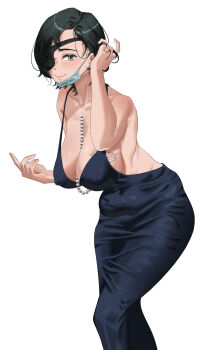 1girl absurdres black_hair blue_dress blue_eyes boji_norn breast_tattoo breasts chainsaw_man closed_mouth commentary covered_erect_nipples dress english_commentary eyepatch hand_in_own_hair highres himeno_(chainsaw_man) huge_breasts mask mouth_mask short_hair simple_background smile solo surgical_mask tattoo white_background