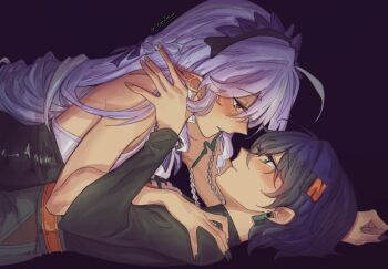 Rule 34 | 2girls, ahoge, artist name, bare shoulders, belle (zenless zone zero), blue eyes, blue hair, blush, cesar zebrah, commentary, dress, drill hair, ear blush, english commentary, eye contact, green eyes, hair between eyes, hair ornament, hairband, highres, horns, long hair, looking at another, lying, lying on person, multiple girls, nail polish, necklace in mouth, parted lips, pointy ears, purple hair, short hair, simple background, vivian banshee, yuri, zenless zone zero