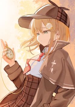 1girl absurdres blonde_hair blue_eyes bob_cut brown_capelet capelet closed_mouth commentary deerstalker detective english_commentary eyelashes from_side hair_ornament hand_in_pocket hand_up hat highres holding hololive hololive_english long_sleeves looking_at_viewer magnifying_glass md5_mismatch medium_hair necktie plaid_clothes plaid_skirt pocket_watch resolution_mismatch ryoya shirt short_hair skirt solo source_larger upper_body virtual_youtuber watch watson_amelia watson_amelia_(1st_costume) white_shirt yellow_background