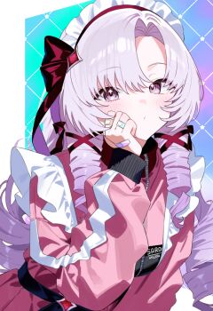 1girl bandaid bandaid_on_finger bandaid_on_hand drill_hair eigun801 grey_hair hair_ribbon hyakumantenbara_salome jacket long_hair long_sleeves maid_headdress nijisanji pink_jacket purple_eyes purple_ribbon ribbon solo virtual_youtuber