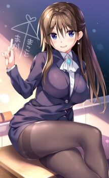 1girl blue_eyes blush boku_no_kanojo_sensei breasts brown_hair chalk chalkboard classroom clothes_lift coat day desk earrings fujiki_maka handkerchief jewelry large_breasts long_hair nails oryo_(oryo04) pantyhose pencil_skirt single_earring sitting skirt skirt_lift smile teacher thighs