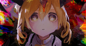 1girl abstract_background blonde_hair charlotte_(madoka_magica) colorful_background drill_hair eye_reflection hair_between_eyes highres looking_at_viewer mahou_shoujo_madoka_magica mahou_shoujo_madoka_magica_(anime) mami_mogu_mogu parted_lips pinosan portrait pov reflection scared sharp_teeth shirt signature spoilers teeth tomoe_mami tomoe_mami_(magical_girl) twin_drills twintails white_shirt wide-eyed yellow_eyes