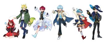 6+boys absurdres ahoge amptakxcolors animal_ear_fluff animal_ears ankle_boots arm_up ascot bandaid bandaid_on_leg bird black_gloves black_hair black_pants black_shirt black_vest blonde_hair blue_cape blue_capelet blue_eyes blue_hair blue_hat blue_vest boots brown_boots cape capelet chain chasing clenched_hands coat commentary_request denim flower fur-trimmed_jacket fur_trim glass_footwear gloves gold_trim gradient_hair green_hair green_jacket hairband hat heart heart_ahoge heterochromia highres holding holding_flower holding_stuffed_toy jacket jeans kanyoko_(yuzukano_17) lapis_(meteorites) light_akarui male_focus meteorites_(stpr) multicolored_hair multiple_boys official_art open_mouth orange_eyes outstretched_hand pants pretz_(amptakxcolors) purple_eyes red_cape red_hair red_hairband red_shirt red_shoes rinu_(stpri) running sample_watermark shirt shoes short_hair short_sleeves shorts simple_background sitting smile strawberry_prince streaked_hair stuffed_animal stuffed_penguin stuffed_toy tail tigusakun_(amptakxcolors) torn_clothes torn_jeans torn_pants two-sided_cape two-sided_fabric vau_(utaite) vest wariza watermark white_ascot white_background white_coat white_shirt white_shorts witch_hat wolf_boy wolf_ears wolf_tail yellow_eyes