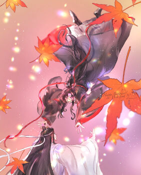 2boys ahoge autumn_leaves black_boots black_hair black_hanfu blush boots chinese_clothes commentary_request couple dated falling falling_leaves floating_hair full_body hair_ribbon hanfu happy_birthday headband highres ktxxok lan_wangji leaf light_particles long_hair long_sleeves looking_at_another male_focus maple_leaf modao_zushi multiple_boys open_mouth outstretched_arms ponytail purple_eyes reaching reaching_towards_another red_ribbon ribbon robe sidelocks smile topknot twitter_username upside-down very_long_hair wei_wuxian white_hanfu white_headband wide_sleeves yaoi