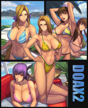 5girls armpits arms_up ayane_(doa) bad_id bad_pixiv_id ball beach beachball bikini blonde_hair blue_eyes blush breasts brown_hair cleavage dead_or_alive dead_or_alive_xtreme_2 dead_or_alive_xtreme_beach_volleyball hair_ribbon hands_on_own_hips helena_douglas highleg hitomi_(doa) ibanen large_breasts legs lei_fang long_hair lying multiple_girls navel one_eye_closed open_mouth pool purple_hair red_eyes ribbon short_hair side-tie_bikini_bottom sideboob swimsuit tecmo tina_armstrong underboob wink