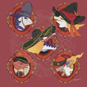 5others black_hat blaziken blue_eyes blue_fur clothed_pokemon colored_sclera delphox fang fire flower furry gen_3_pokemon gen_4_pokemon gen_6_pokemon grey_hat hat hat_flower hisuian_typhlosion infernape looking_at_viewer multiple_others nintendo other_focus pokemon pokemon_(creature) police_hat red_background red_eyes red_flower red_hat red_ribbon red_rose rendoll ribbon rose simple_background skeledirge skin_fang snout sombrero through_medium through_painting upper_body witch_hat yellow_fur yellow_sclera