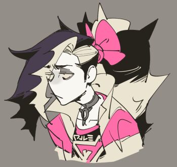 Rule 34 | 1boy, bow, choker, collarbone, commentary request, exhausted, eyeshadow, grey background, grey eyeshadow, jacket, kokujin youhei, long hair, looking ahead, makeup, male focus, multicolored hair, nintendo, piers (pokemon), pink bow, pokemon, pokemon swsh, ponytail, sideburns, solo, two-tone hair, unamused
