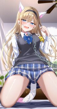1girl absurdres anal anal_beads anal_object_insertion anal_tail animal_collar animal_ear_fluff animal_ears armband bed_sheet bell black_hairband blonde_hair blue_skirt blush breasts butt_plug ceiling_fan chain chain_leash collar collared_shirt commentary crying crying_with_eyes_open curtains drawer fake_animal_ears fake_tail furrowed_brow grey_sweater_vest hair_between_eyes hairband hand_up highres indoors jingle_bell kneeling kunimine_yuzuki leash light_particles long_hair long_sleeves looking_at_viewer medium_breasts object_insertion on_bed open_mouth original paw_pose pink_collar plaid_clothes plaid_skirt plant pleated_skirt purple_pupils pussy_juice pussy_juice_stain school_uniform shirt skirt solo sweater_vest tail tears thighs very_long_hair white_shirt window yellow_armband