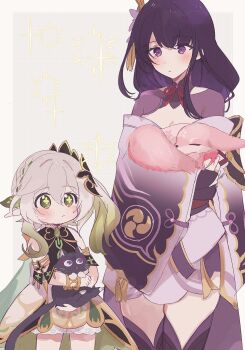 2girls animal animalization aomattya armlet asymmetrical_sidelocks black_bridal_gauntlets black_cat bloomers blunt_bangs blush border bracelet bridal_gauntlets cape cat closed_mouth cross-shaped_pupils detached_sleeves dress eyelashes flower fox genshin_impact gold_ring gold_trim green_cape green_eyes green_hair green_pupils green_sleeves grey_background grid_background hair_between_eyes hair_flower hair_ornament half_crown_braid height_difference highres holding holding_animal holding_cat japanese_clothes jewelry kimono kimono_skirt leaf leaf_hair_ornament long_hair looking_at_another looking_down looking_to_the_side middle_ring mitsudomoe_(shape) mole mole_under_eye multicolored_hair multiple_girls nahida_(genshin_impact) pelvic_curtain person_and_animalization pink_kimono pink_sleeves pointy_ears purple_eyes purple_flower purple_hair purple_shrug purple_thighhighs raiden_shogun scaramouche_(cat)_(genshin_impact) scaramouche_(genshin_impact) shrug_(clothing) side_ponytail sidelocks single_sidelock single_sode sparkle streaked_hair string swept_bangs symbol-shaped_pupils tassel tassel_hair_ornament thighhighs tomoe_(symbol) underwear white_bloomers white_border white_dress white_hair wide_sleeves yae_miko yae_miko_(fox)