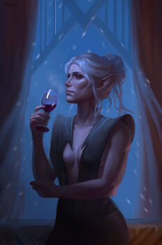 Rule 34 | 1girl, absurdres, alcohol, baldur's gate, baldur's gate 3, black pants, black shirt, breasts, collarbone, colored skin, cowboy shot, cup, dark elf, drinking glass, dungeons & dragons, elf, grey skin, hair bun, highres, holding, holding cup, indoors, mature female, medium breasts, minthara, pants, pointy ears, red eyes, shirt, short hair, single hair bun, snow, solo, vagoley, window, wine, wine glass