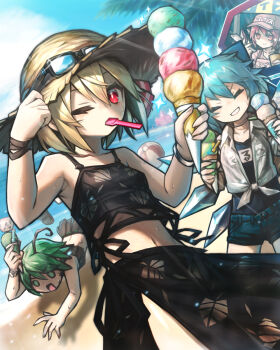4girls alternate_costume antennae apron aqua_hair beach bikini bikini_skirt black_bikini black_sarong blonde_hair blue_bow blue_one-piece_swimsuit blue_shorts blue_sky bow bracelet breasts cirno collared_shirt commentary_request day denim denim_shorts dutch_angle eyewear_on_headwear falling food green_eyes green_hair grin hair_between_eyes hair_bow hat highres holding holding_food holding_ice_cream ice ice_cream ice_cream_cone ice_cream_spoon ice_wings jewelry leaf_print looking_at_viewer mouth_hold multiple_girls mystia_lorelei one-piece_swimsuit one_eye_closed outdoors pink_apron pink_eyes pink_hair pink_hat red_eyes rumia sarong shirt short_sleeves shorts sky small_breasts smile spark621 spoon straw_hat swimsuit swimsuit_under_clothes team_9_(touhou) tied_shirt touhou white_shirt wings wriggle_nightbug