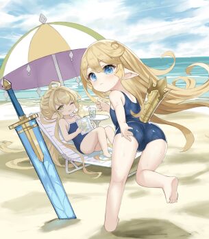 2girls absurdres ass barefoot beach blonde_hair blue_eyes charlotta_(granblue_fantasy) day flat_chest granblue_fantasy harvin highres loli long_hair m-eine melissabelle multiple_girls one-piece_swimsuit one_eye_closed outdoors pointy_ears school_swimsuit swimsuit sword weapon
