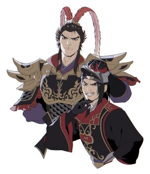 2boys absurdres armor beard black_gloves black_hair chen_gong_(shin_sangoku_musou) chinese_armor chinese_clothes clenched_teeth cropped_torso facial_hair feather_hair_ornament feathers furrowed_brow gloves hair_ornament hand_on_another&#039;s_head highres igusaharu long_hair lu_bu_(shin_sangoku_musou) male_focus multiple_boys mustache parted_bangs parted_lips shin_sangoku_musou shin_sangoku_musou_origins shoulder_armor sideburns sidelocks teeth white_background