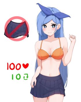 1girl armpit_crease bae_minah_(chaesu) blue_bow blue_eyes blue_hair blue_hairband blue_skirt blush borrowed_character bow bra breasts closed_mouth collarbone commentary cowboy_shot embarrassed english_commentary hair_behind_ear hair_bow hairband hand_up highres large_bow long_hair medium_breasts miniskirt navel no_symbol orange_bra original parted_bangs pleated_skirt sairen simple_background skirt solo standing stomach straight_hair underwear white_background