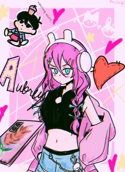 animal_ears aqua_eyes aubrey_(birthday)_(omori) aubrey_(faraway)_(omori) aubrey_(omori) half_body heart highres jacket non-web_source omori pink_hair pink_jacket rabbit rabbit_ears sunburn_(omori) sunny_(omori)