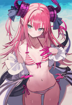 1girl bare_shoulders beach bikini blue_eyes blush breasts commentary_request curled_horns detached_sleeves dragon_girl dragon_horns dragon_tail elizabeth_bathory_(fate) fate/grand_order fate_(series) hair_ribbon highres horns long_hair long_sleeves looking_at_viewer navel pink_bikini pink_hair pointy_ears ribbon shino_(eefy) small_breasts solo striped_bikini striped_clothes swimsuit tail two_side_up