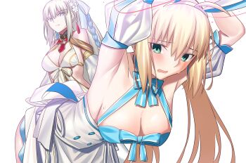 2girls absurdres ahoge animal_ears armpits artoria_caster_(fate) artoria_caster_(swimsuit_berserker)_(second_ascension)_(fate) artoria_pendragon_(fate) blonde_hair blue_eyes braid breasts detached_sleeves dress fate/grand_order fate_(series) green_eyes highres large_breasts longdq3008 medium_breasts morgan_le_fay_(fate) morgan_le_fay_(water_princess)_(fate) multiple_girls ponytail rabbit_ears restrained scene_reference white_dress white_hair