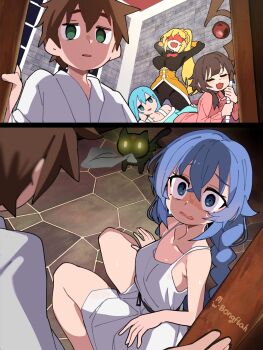 1boy 2koma 4girls absurdres aqua_(konosuba) artist_name bare_arms bare_shoulders black_bodystocking black_cat blindfold blonde_hair blue_eyes blue_hair blush bongftah braid breasts brick_wall brown_hair cat caught chomusuke cobblestone colored_blindfold comic commentary crossed_bangs crossover darkness_(konosuba) dress empty_eyes glowing glowing_eyes green_eyes hair_between_eyes highres indoors jitome kono_subarashii_sekai_ni_shukufuku_wo! long_hair megumin multiple_girls mushoku_tensei on_floor pajamas pink_pajamas ponytail roxy_migurdia running_bond satou_kazuma shaded_face sitting sleeveless sleeveless_dress small_breasts spaghetti_strap staff stone_floor sweat twin_braids untranslatable_commentary white_dress