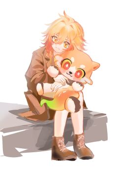 Rule 34 | 1boy, absurdres, aged down, blonde hair, boots, braid, brown boots, brown coat, chinese commentary, coat, commentary request, dormiveglia97772, facial tattoo, gradient hair, highres, holding, holding stuffed toy, honkai: star rail, honkai (series), male focus, medium hair, multicolored hair, mydei (fig stew) (honkai: star rail), mydei (honkai: star rail), red hair, red tattoo, side braid, sitting, solo, stuffed animal, stuffed toy, tattoo, yellow eyes