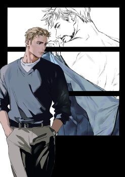 2boys avengers_(series) belt black_belt black_border blonde_hair blue_eyes blue_shirt blue_sweater border closed_mouth commentary cowboy_shot english_commentary facial_hair fingernails from_behind grey_pants hands_in_pockets highres implied_yaoi long_sleeves looking_afar looking_at_viewer looking_back male_focus malkogromit marvel multiple_boys outside_border pants puffy_long_sleeves puffy_sleeves shirt short_hair simple_background standing steve_rogers sweater tony_stark watch white_background white_shirt wristwatch