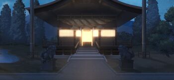 architecture box donation_box east_asian_architecture game_cg komainu lake moriya_shrine night night_sky no_humans non-web_source official_art onbashira outdoors path road rope scenery shimenawa shrine sky stairs star_(sky) touhou touhou_gensou_eclipse tree