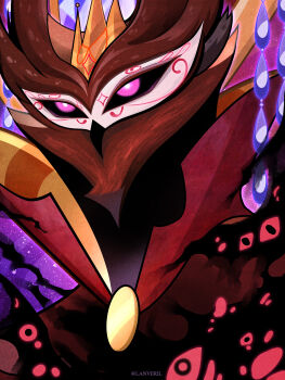 1boy absurdres black_cloak black_sclera cloak colored_sclera crown demon_boy furry furry_male gold_crown hellaverse helluva_boss highres lanveril looking_at_viewer owl_boy paimon_(helluva_boss) red_eyes solo