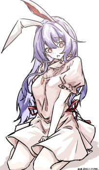 1girl :< @_@ absurdres alternate_costume animal_ears artist_name blush carrot_necklace closed_mouth commentary_request cosplay dated dress highres inaba_tewi inaba_tewi_(cosplay) jewelry long_hair necklace one-hour_drawing_challenge pendant pink_dress puffy_short_sleeves puffy_sleeves purple_hair rabbit_ears rabbit_girl red_eyes reisen_udongein_inaba seiza short_sleeves sitting solo touhou ve1024 very_long_hair