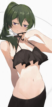 1girl absurdres arm_behind_back bare_arms black_bra black_choker black_pants blush bra breasts choker cleavage clisapex closed_mouth collarbone commentary_request green_hair hair_between_eyes highres holding holding_scissors looking_at_viewer navel pants ponytail purple_eyes scissors simple_background small_breasts smile sousou_no_frieren standing ubel_(sousou_no_frieren) underwear white_background