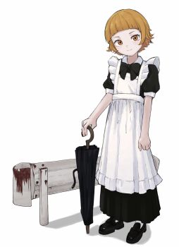 1girl apron apron_grab arched_bangs arms_at_sides black_bow black_bowtie black_dress black_shoes black_umbrella blonde_hair bow bowtie closed_mouth closed_umbrella clothes_grab collared_dress densi_ronto dot_nose dress flat_chest frilled_straps full_body guard_rail hair_flaps highres holding holding_umbrella kiss-shot_acerola-orion_heart-under-blade kiss-shot_acerola-orion_heart-under-blade_(small) light_blush loafers long_dress looking_at_viewer maid maid_apron monogatari_(series) orange_eyes oshino_shinobu planted planted_umbrella puffy_short_sleeves puffy_sleeves shadow shoes short_hair short_sleeves sidelocks simple_background smile socks solo standing umbrella white_apron white_background white_socks