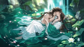 Rule 34 | 2boys, abs, adam's apple, against rock, al (ahr), arm around neck, barefoot, black hair, brown hair, bud, chinese clothes, closed eyes, collarbone, commentary request, couple, curtained hair, flower, from above, full body, half updo, hand on another's arm, hand on another's head, hanfu, highres, kiss, knees up, koi, leaf, light particles, light rays, long hair, long sleeves, lotus, lotus leaf, luo binghe, lying, male focus, moss, multiple boys, muscular, muscular male, on back, open clothes, open robe, outdoors, parted bangs, partially submerged, pectoral cleavage, pectorals, petals, pink flower, pink petals, pond, renzha fanpai zijiu xitong, ribboned xiao guan, ripples, robe, rock, shen qingqiu, very long hair, water, waterfall, white flower, white hanfu, wide sleeves, wolf cut, yaoi
