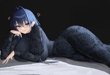 1girl absurdres bed_sheet black_dress blue_eyes blue_hair braid breasts closed_mouth commentary dress embroidered_dress english_commentary highres hololive hololive_english huge_breasts juliet_sleeves kuraodo_0 long_dress long_hair long_sleeves looking_at_viewer low_twin_braids lying official_alternate_costume official_alternate_hairstyle on_side ouro_kronii ouro_kronii_(maid) puffy_sleeves smile solo twin_braids virtual_youtuber