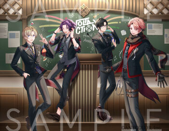 4boys :d ;d adjusting_eyewear armband bangs_pinned_back belt belt_buckle black-framed_eyewear black_gloves black_hair black_jacket black_necktie black_ribbon black_scarf black_sweater_vest blazer blonde_hair blue_armband blue_vest brown_belt brown_shoes buckle bulletin_board chalkboard classroom colored_inner_hair commentary_request contrast_lapels copyright_notice cuff_links curtained_hair diagonal-striped_clothes diagonal-striped_necktie drawstring eyewear_strap feet_out_of_frame full_body fura_kanato glasses gloves green_necktie grey_pants grey_shirt group_name half_updo hand_in_pocket hand_on_headphones headphones indoors jacket lapels lectern loafers looking_at_viewer male_focus multicolored_hair multiple_boys neck_ribbon necktie nijisanji notched_lapels offering_hand official_art one_eye_closed open_clothes open_hands open_jacket open_mouth orange_hair pants parted_bangs patterned_clothing pink_hair plaid_clothes plaid_scarf pocket_watch purple_eyes purple_hair red_armband red_eyes red_hair red_jacket ribbon round_eyewear sample_watermark scarf school_uniform seraph_dazzlegarden shikinagi_akira shirt shirt_tucked_in shoes short_hair smile standing standing_on_one_leg streaked_hair striped_clothes sweater_vest swept_bangs tailcoat tassel thigh_belt thigh_strap three-quarter_sleeves two-sided_fabric two-sided_jacket untucked_shirt vest virtual_youtuber voltaction w wallet_chain watarai_hibari watch watermark wingtemple yellow-framed_eyewear yellow_eyes yellow_necktie