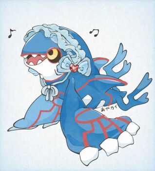 aya_kyogre commentary_request from_side gem gen_3_pokemon heart heart-shaped_gem highres kyogre legendary_pokemon looking_ahead musical_note nintendo no_humans open_mouth pokemon pokemon_(creature) pokemon_focus red_gem sharp_teeth simple_background teeth translation_request white_background white_headdress yellow_eyes