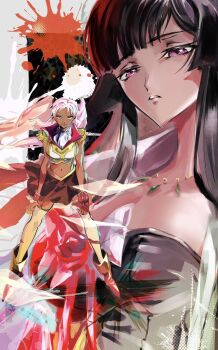 2girls black_hair blue_eyes breasts catherine_sabathra cleavage code_geass code_geass:_dakkan_no_roze highres large_breasts long_hair midriff multiple_girls navel pink_hair purple_eyes sideboob sumeragi_sakuya twintails