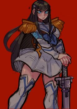 1girl absurdres black_hair blue_eyes breasts closed_mouth commentary cowboy_shot dress epaulettes hand_on_weapon highres junketsu kill_la_kill kiryuuin_satsuki large_breasts long_hair long_sleeves looking_ahead red_background simple_background solo sword thighhighs tsurime weapon white_dress white_thighhighs widisu