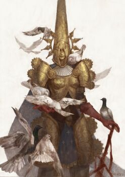 1girl animal armor artist_name bird blasphemous breastplate brown_gloves cape cowboy_shot crisanta_of_the_wrapped_agony facing_viewer genderswap genderswap_(mtf) gloves helm helmet highres mask shoulder_plates simple_background solo standing white_background zephyrq