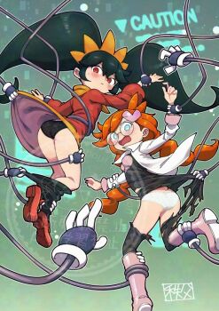 1girl 2girls ashley_(warioware) ass big_hair black_hair black_panties blue_eyes blush boots braid chichibu_(watson) clothes_lift clothes_pull dress dress_lift glasses hair_ornament hairband heart heart_hair_ornament lab_coat leaning_forward loli long_hair mechanical_hands multiple_girls nintendo open_mouth orange_hair orange_hairband panties pantyhose pantyhose_pull penny_crygor pink_boots red_dress red_eyes round_eyewear torn_clothes twin_braids twintails underwear very_long_hair warioware watermark white_panties