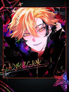 1boy black_hair black_shirt blonde_hair border copyright_name earrings english_text eyebrow_piercing face_piercing hair_between_eyes hand_up inset_border jacket jewelry lio0oil_0 looking_at_viewer makeup male_focus multicolored_hair parted_lips piercing portrait shiguang_dailiren shirt short_hair sleeves_past_wrists smile solo star_(symbol) two-tone_hair upper_body xia_fei yellow_eyes zipper zipper_pull_tab