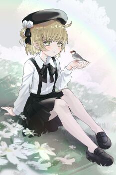 1girl animal animal_on_hand arm_support beret bird black_bow black_hat black_shoes black_skirt blue_sky bow brown_eyes brown_hair cloud cloudy_sky collared_shirt commentary_request day dress_shirt flower full_body hand_up hat hat_flower hatoba_tsugu highres loafers long_sleeves on_grass outdoors pantyhose parted_lips pleated_skirt puffy_long_sleeves puffy_sleeves rainbow rose sha2mo shirt shoes skirt sky solo suspender_skirt suspenders tsugu_(vtuber) virtual_youtuber white_flower white_pantyhose white_rose white_shirt