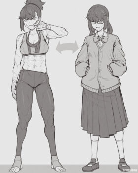 1girl abs absurdres barefoot before_and_after bow bowtie breasts cardigan cleavage glasses hair_ornament hairclip highres leggings loafers medium_breasts medium_skirt muscular muscular_female navel original ponytail shirt shoes sidelocks simple_background skirt solo speedl00ver sports_bra white_shirt