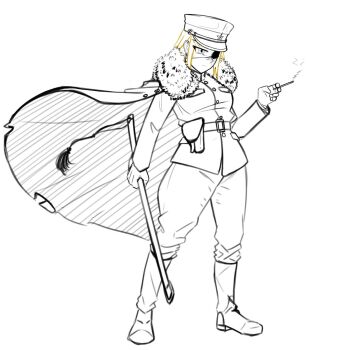 Rule 34 | belt around waist, boots, breasts, cape, cigarette, eyepatch, facial scar, fluffkaiser, full body, fur-trimmed cape, fur trim, hat, highres, holding, holding cigarette, holding sheath, holster, jacket, medium breasts, military, military uniform, monochrome, narrowed eyes, original, pants, peaked cap, scar, scar on cheek, scar on face, scar on nose, serious, sheath, simple background, smoking, sofiya (fluffkaiser), solo