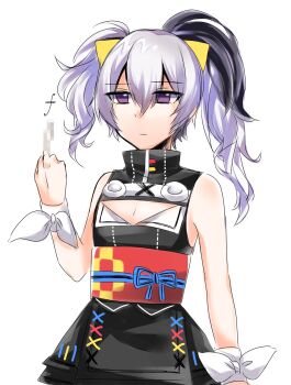 Rule 34 | 1girl, alternate hairstyle, bare shoulders, black hair, black shirt, black skirt, blue ribbon, breasts, censored, censored gesture, cleavage, cleavage cutout, closed mouth, clothing cutout, cosplay, expressionless, fake censor, flat chest, flower (vocaloid), hair ornament, highres, kaguya luna, kaguya luna (cosplay), long hair, middle finger, purple eyes, red sash, ribbon, roz (hal20010910), sash, shirt, simple background, skirt, the moon studio, twintails, virtual youtuber, vocaloid, white background, white hair, white ribbon, wrist ribbon