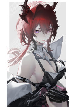 Rule 34 | 1girl, 1other, arknights, arknights: endfield, bare shoulders, black coat, black dress, black gloves, black horns, breasts, cleavage, coat, demon girl, demon horns, dress, gloves, holding hands, horns, laevatain (arknights), large breasts, long hair, looking at viewer, navvvtis, pov, pov hands, purple eyes, red eyes, simple background, surtr (arknights), very long hair