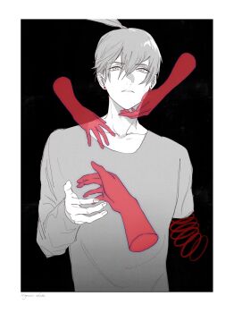 Rule 34 | 1boy, artist name, black background, border, chainsaw man, commentary request, disembodied hand, earrings, greyscale, hair between eyes, hayakawa aki, highres, jewelry, looking at another, male focus, monochrome, nogawa kalk, shirt, short hair, simple background, topknot, upper body, white border