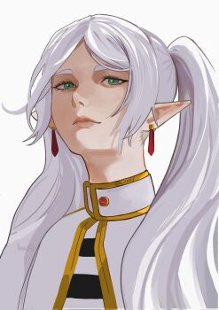 1girl artist_name capelet commentary earrings elf frieren green_eyes highres jewelry long_hair looking_at_viewer luwdd pointy_ears portrait shirt simple_background solo sousou_no_frieren striped_clothes striped_shirt twintails twitter_username white_background white_capelet white_hair yellow_trim