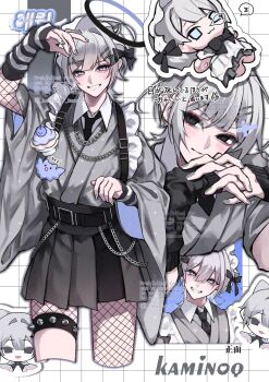 1boy arm_up arm_warmers artist_name belt black_belt black_eyes black_halo black_necktie black_pantyhose black_skirt blue_eyes chibi closed_mouth commentary_request cropped_legs double-parted_bangs fishnet_pantyhose fishnets grey_hair grey_kimono grin hair_between_eyes hair_ornament hairclip halo highres japanese_clothes kaminoq kimono long_sleeves looking_at_viewer male_focus multiple_views necktie original pantyhose parallel_hairclips pleated_skirt short_hair skirt smile spiked_thigh_strap watermark white_background wide_sleeves wing_collar