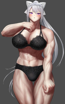 Rule 34 | 1girl, abs, biceps, black bra, black panties, blush, bra, breasts, bulge, commentary request, futanari, hair ribbon, highres, higuchi kaede, huge breasts, ike (pixiv87705047), lace, lace-trimmed bra, lace-trimmed panties, lace trim, looking at viewer, muscular, muscular female, nijisanji, obliques, panties, ponytail, presenting, purple eyes, ribbon, solo, underwear, underwear only, white hair