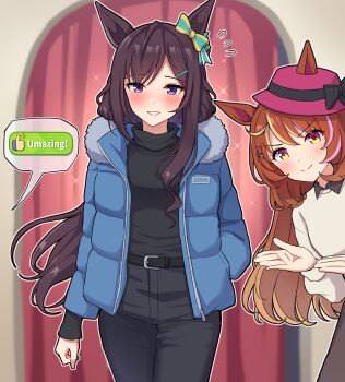 2girls animal_ears aqua_bow belt belt_buckle black_belt black_bow black_hair black_pants black_shirt blonde_streaks blue_jacket blush bow brown_hair buckle commentary_request ear_bow ears_through_headwear fur-trimmed_jacket fur_trim hat hat_bow highres horse_ears horse_girl horse_tail jacket long_hair looking_at_viewer mejiro_dober_(umamusume) multicolored_hair multiple_girls north_flight_(umamusume) open_clothes open_jacket pants pink_hat pink_streaks purple_eyes revision shirt smile speech_bubble streaked_hair striped_bow tail takiki turtleneck turtleneck_shirt umamusume v-shaped_eyebrows